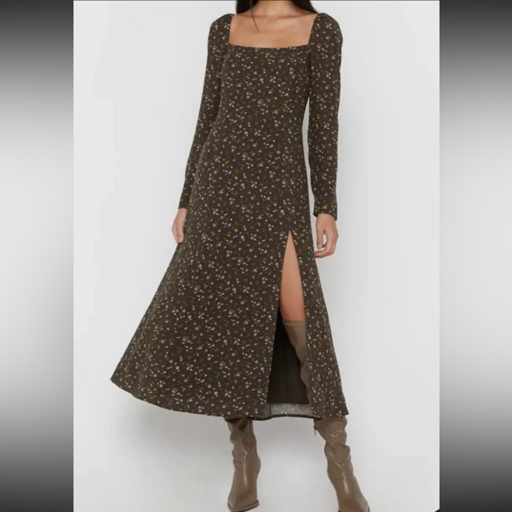 OAK + FORT Brown Floral Long-Sleeve Midi Dress